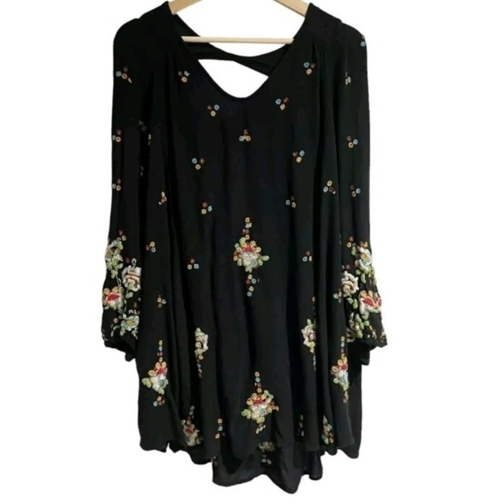Free People women's Oxford embroidered swing babydoll long sleeve mini dress, S